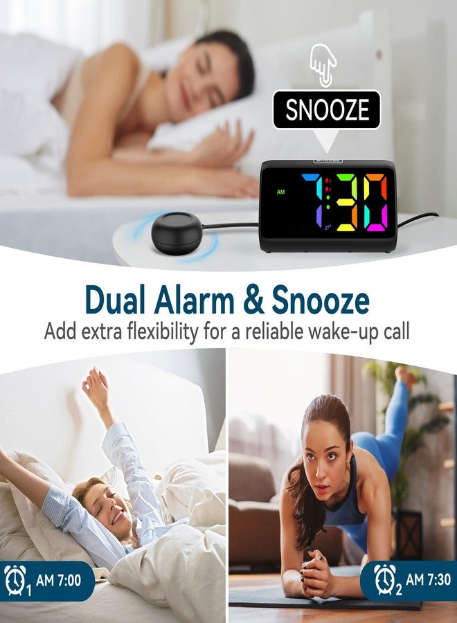 Netzu Loud Alarm Clock for Heavy Sleepers, Plug-In RGB Vibrating Alarm Clocks with Bed Shaker, 5 Dimmers, 2 Alarms, 4 Volumes and Snooze for Adult Rooms(Black) - Image 5