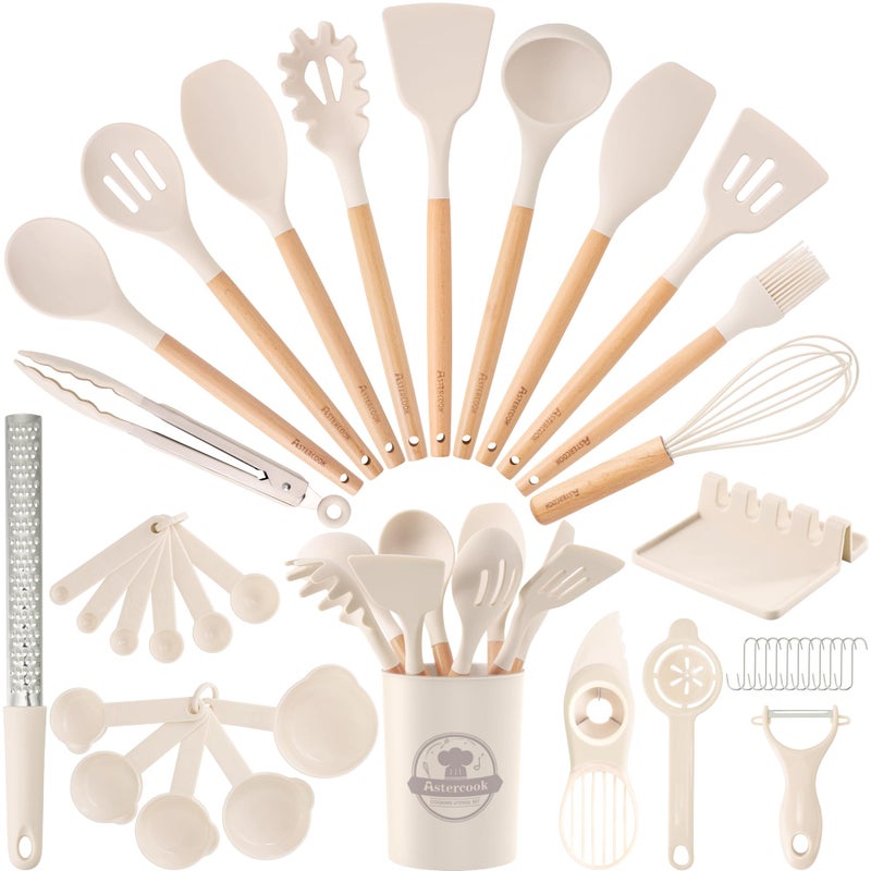 Astercook Kitchen Utensils set, 39 PCS Silicone Cooking Utensils Set with Wooden Handle, 446Â°F Heat Resistant Food Grade Utensil Sets, BPA Free Kitchen Gadgets Tools Set for Nonstick Cookware (Cream) - Image 1