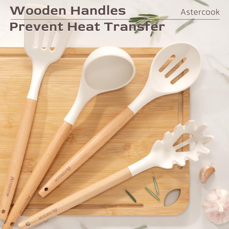 Astercook Kitchen Utensils set, 39 PCS Silicone Cooking Utensils Set with Wooden Handle, 446Â°F Heat Resistant Food Grade Utensil Sets, BPA Free Kitchen Gadgets Tools Set for Nonstick Cookware (Cream) - Image 5