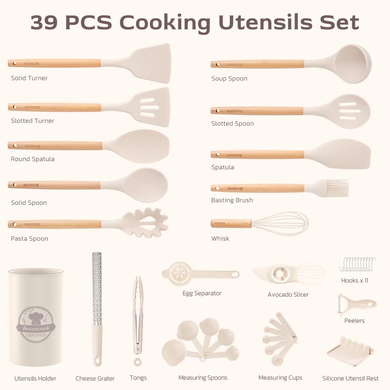 Astercook Kitchen Utensils set, 39 PCS Silicone Cooking Utensils Set with Wooden Handle, 446Â°F Heat Resistant Food Grade Utensil Sets, BPA Free Kitchen Gadgets Tools Set for Nonstick Cookware (Cream) - Image 2