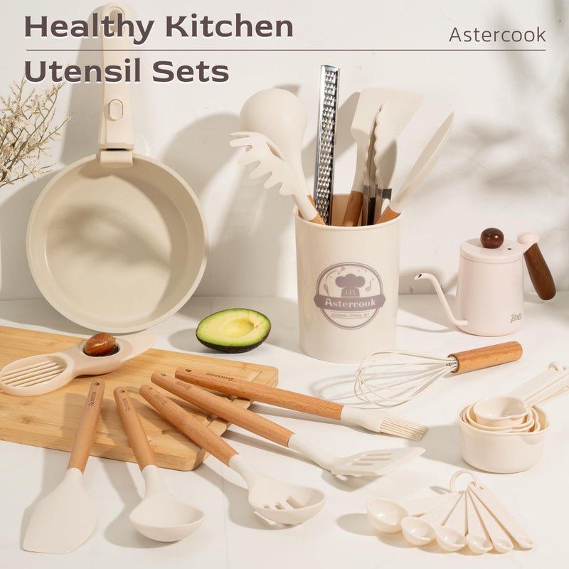 Astercook Kitchen Utensils set, 39 PCS Silicone Cooking Utensils Set with Wooden Handle, 446Â°F Heat Resistant Food Grade Utensil Sets, BPA Free Kitchen Gadgets Tools Set for Nonstick Cookware (Cream) - Image 3