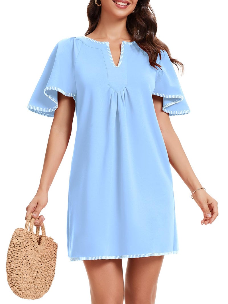 HOULENGS Women's Summer Flutter Short Sleeve A Line Mini Dress Casual Contrast Trim V Neck Short Dress with Pockets Blue Small - Image 1