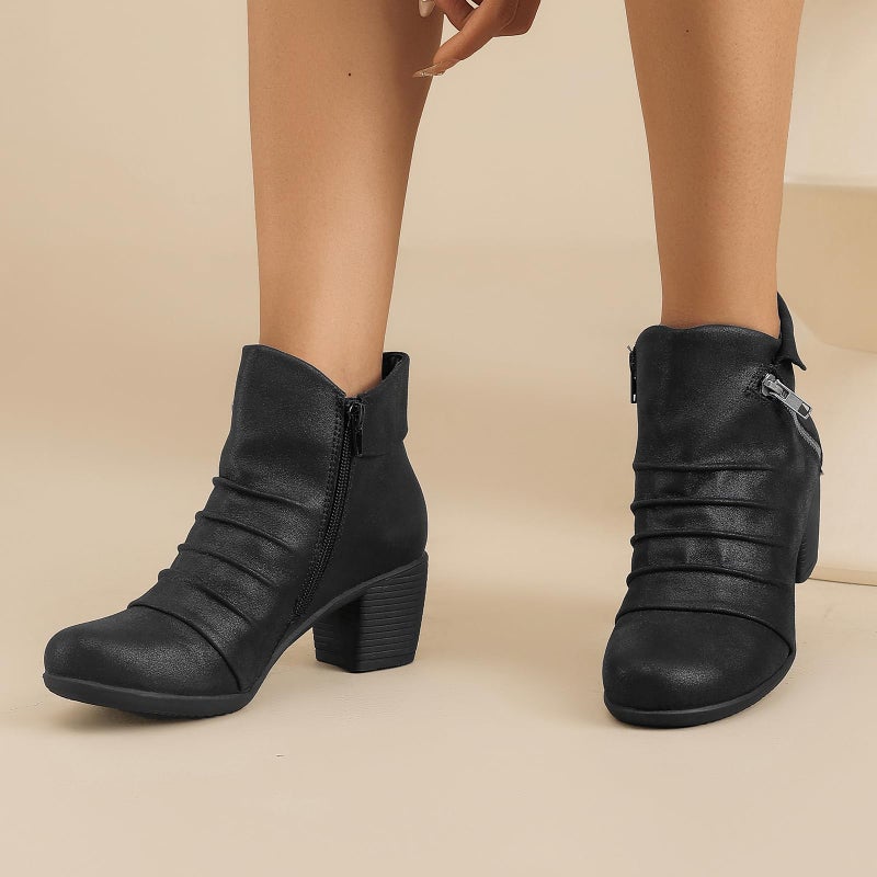 Ruiee Ankle Boots for Women Chunky Heeled Booties Fashion Comfort Round Close Toe Low Mid Heel Winter Fall Ladies Short Boots. 240303 Black BMF Size9.5 - Image 2
