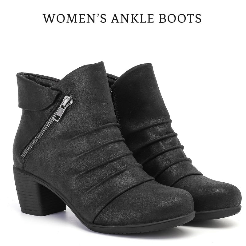 Ruiee Ankle Boots for Women Chunky Heeled Booties Fashion Comfort Round Close Toe Low Mid Heel Winter Fall Ladies Short Boots. 240303 Black BMF Size9.5 - Image 5