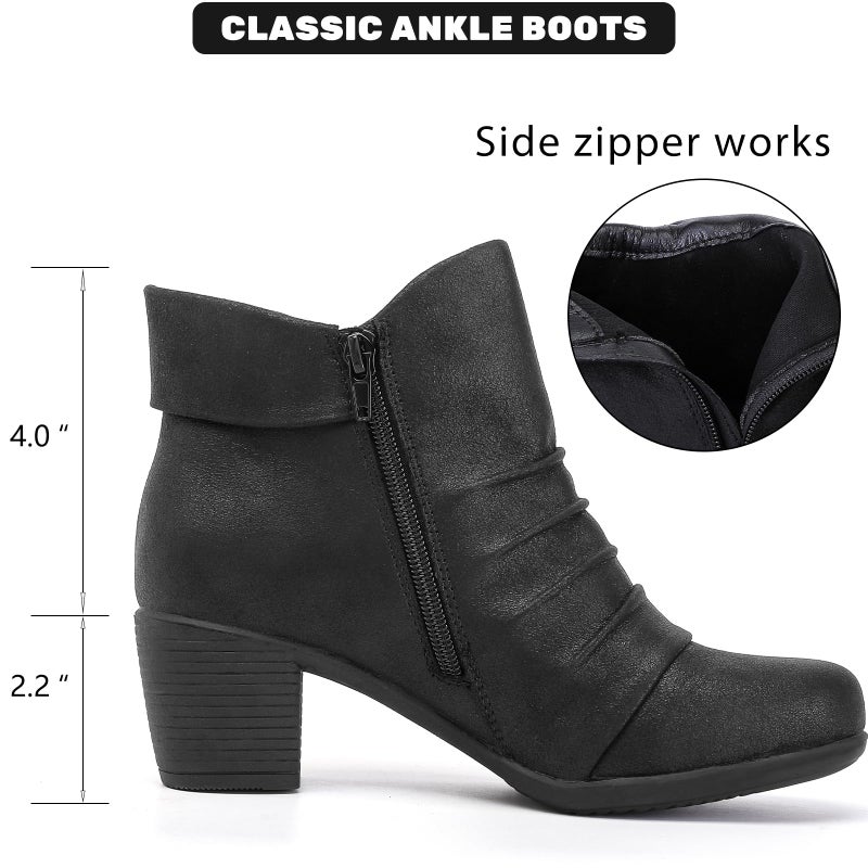 Ruiee Ankle Boots for Women Chunky Heeled Booties Fashion Comfort Round Close Toe Low Mid Heel Winter Fall Ladies Short Boots. 240303 Black BMF Size9.5 - Image 3