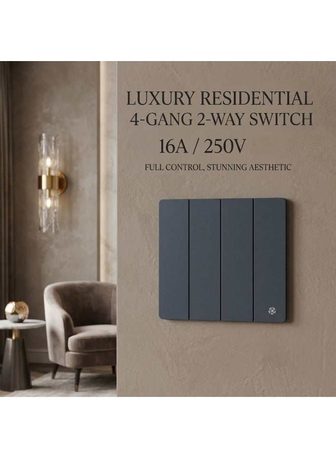 Alfriday Luxury 4-Gang 2-Way Light Switch, 16A 250V Modern Matte Grey Wall Switch, Screwless Designer Residential Light Control for Living Room, Master Suite & Office, 8.5 x 8.8 cm Slim Design - Image 4