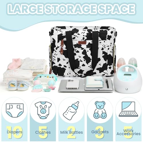 Pritent Diaper Bag Tote for Working Mom Large Travel Diaper Tote for Mom and Dad with 14 Inch Laptop Sleeve Mommy Maternity Travel Baby Bag for Boys and Girls Cowprint - Image 3