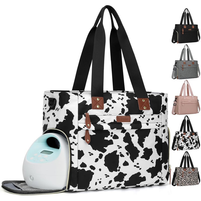 Pritent Diaper Bag Tote for Working Mom Large Travel Diaper Tote for Mom and Dad with 14 Inch Laptop Sleeve Mommy Maternity Travel Baby Bag for Boys and Girls Cowprint - Image 2