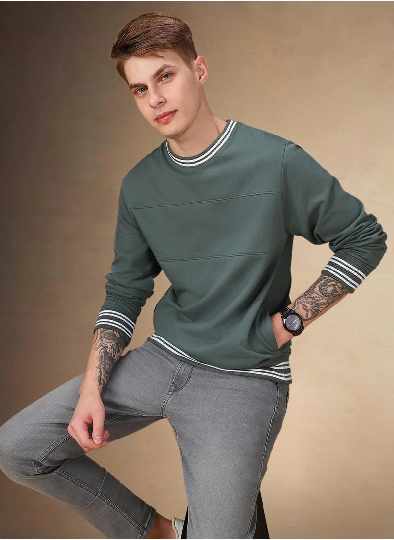 دينيس لينغو Men's Olive Polyester Blend Solid Regular Fit Sweatshirt