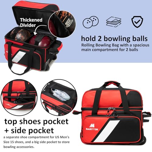 MARITTON Bowling Bag with Wheels Double Roller 2 Ball Bowling Separate Shoe Compartment and Oversized Accessory Pocket, 36.6" Extendable Handle. (RED) - Image 2