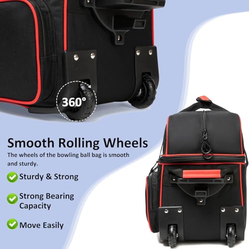 MARITTON Bowling Bag with Wheels Double Roller 2 Ball Bowling Separate Shoe Compartment and Oversized Accessory Pocket, 36.6" Extendable Handle. (RED) - Image 3