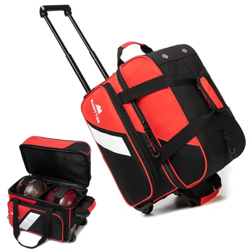 MARITTON Bowling Bag with Wheels Double Roller 2 Ball Bowling Separate Shoe Compartment and Oversized Accessory Pocket, 36.6" Extendable Handle. (RED) - Image 1