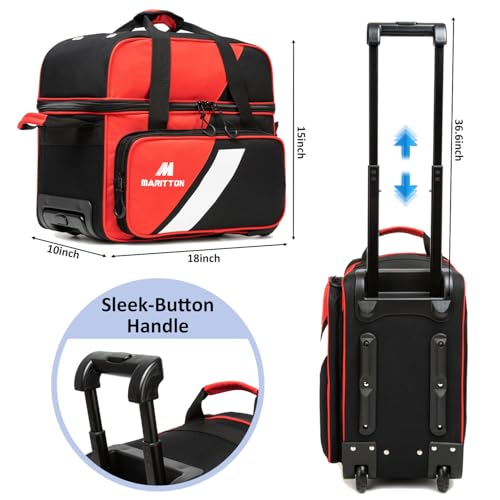 MARITTON Bowling Bag with Wheels Double Roller 2 Ball Bowling Separate Shoe Compartment and Oversized Accessory Pocket, 36.6" Extendable Handle. (RED) - Image 4