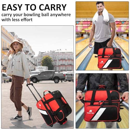 MARITTON Bowling Bag with Wheels Double Roller 2 Ball Bowling Separate Shoe Compartment and Oversized Accessory Pocket, 36.6" Extendable Handle. (RED) - Image 5