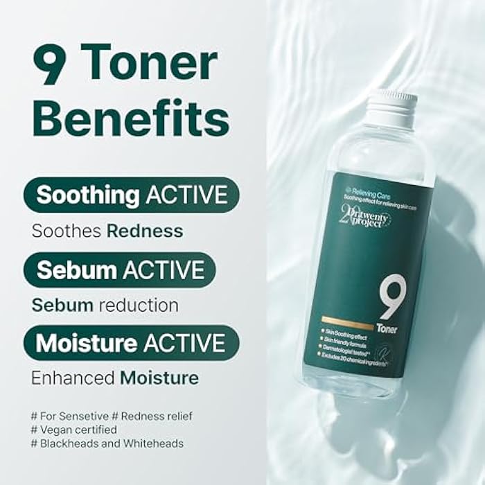 Dr.twentyproject 9 Toner - Soothing, Moisturizing, Sebum Control with Mugwort Extract for Sensitive, Dry, Oily Skin – Reduces Redness, Whiteheads, Blackheads - Korean Skin Care (300ml / 10.14 fl.oz) - Image 2