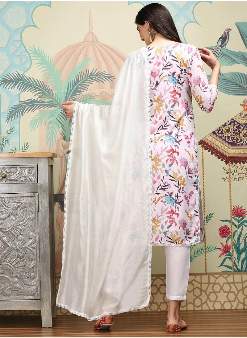 ISHIN Regular Fit Three-Quarter Sleeve Printed White Polyester Woven Kurta Set For Women Flat Collar Perfect For Wedding And Engagement Pull On Closure