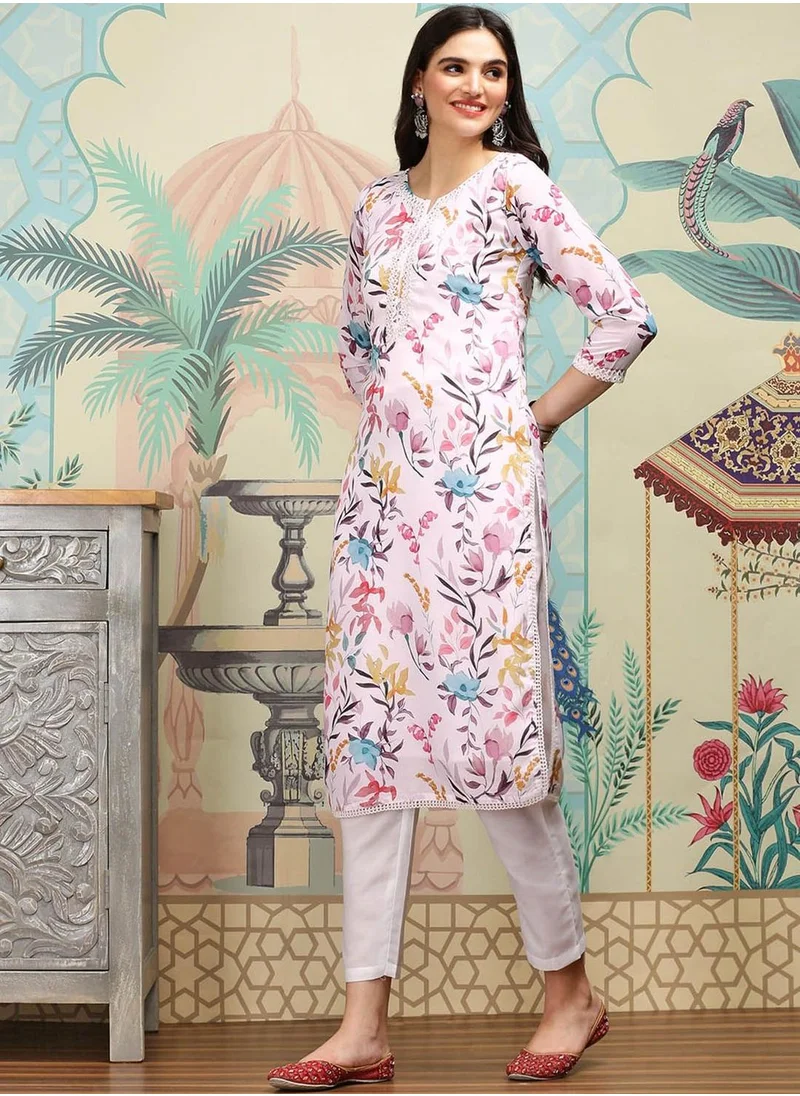 ISHIN Regular Fit Three-Quarter Sleeve Printed White Polyester Woven Kurta Set For Women Flat Collar Perfect For Wedding And Engagement Pull On Closure