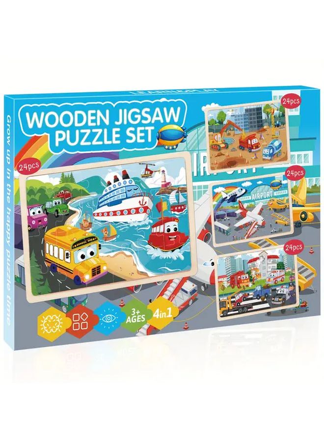 4pcs Wooden Jigsaw Puzzles For Kids Educational Toy With Airplane Bus Car Ship - Image 1