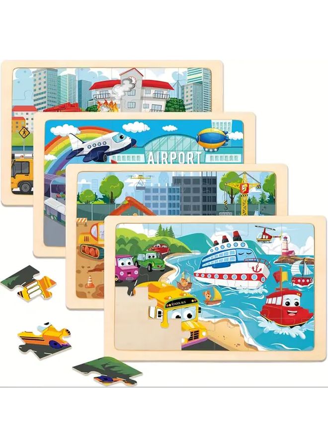 4pcs Wooden Jigsaw Puzzles For Kids Educational Toy With Airplane Bus Car Ship - Image 2