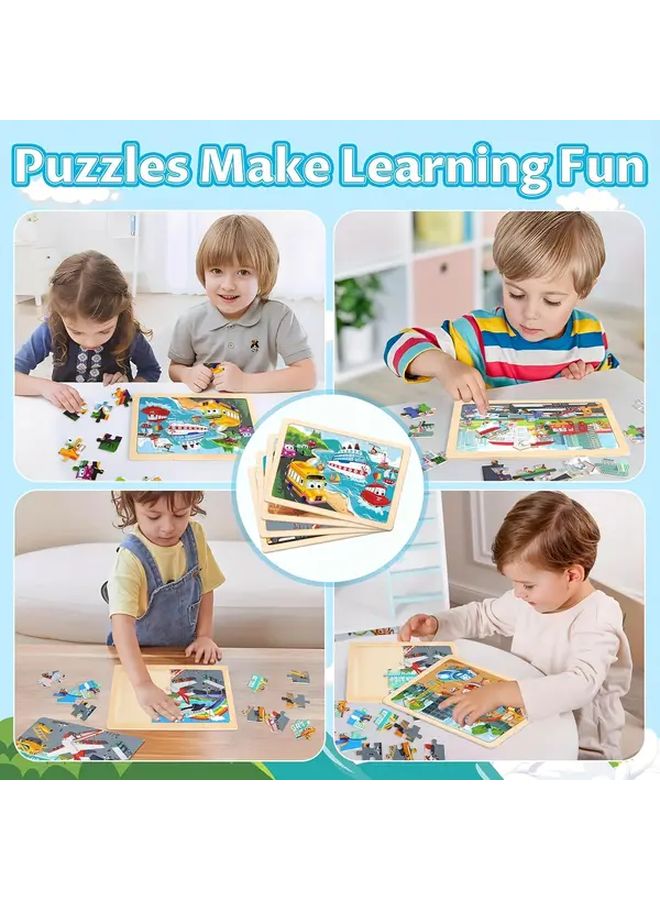 4pcs Wooden Jigsaw Puzzles For Kids Educational Toy With Airplane Bus Car Ship - Image 4
