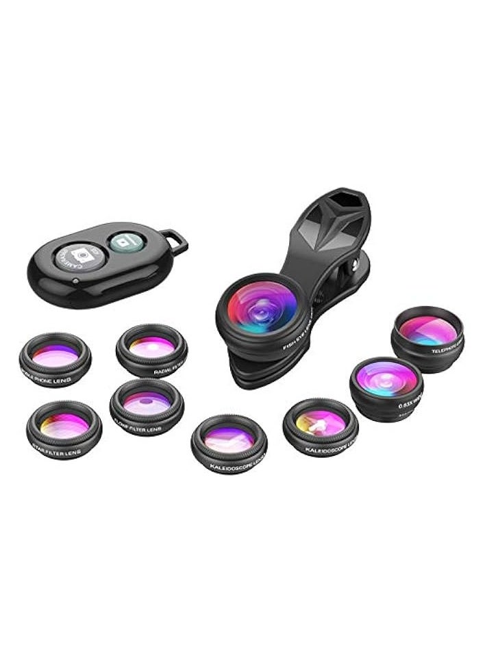 APEXEL Apexel Phone Camera Lens-Macro Lens+Wide Lens+Fisheye Lens+Telephoto Lens+CPL/Flow/Radial/Star Filter+Kaleidoscope 3/6 Lens 10 in 1 Lens Kit +Remote Shutter for iPhone, 