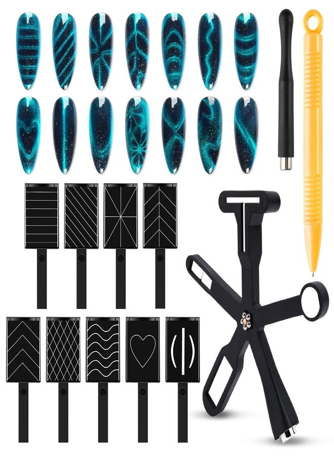 heemeei 12pcs Cat Eye Magnet for Nails, 6 In 1 Multifunction 9pcs Stripe Plates Pen Wand for Cat Eye Gel Polish 3d Nail Art Salon or Diy (Black) - Image 1