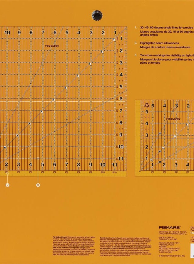 Fiskars ® Square Sewing Ruler Set, (6.5 in. x 6.5 in, 12.5 in. x 12.5 in, 2 Pieces) - Image 2