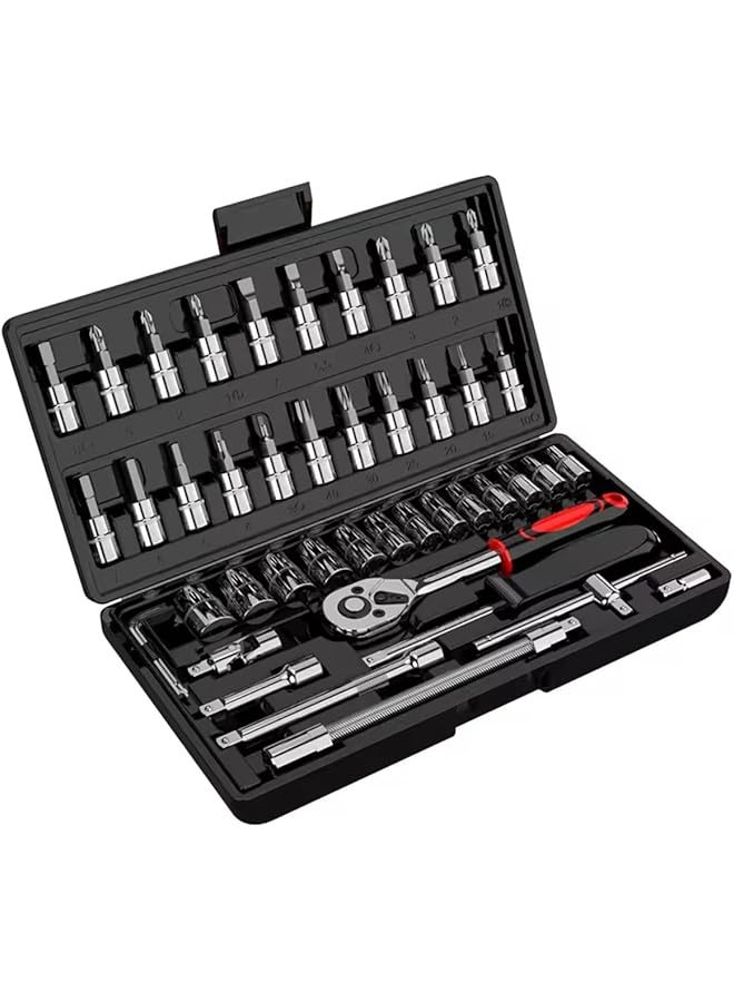 promass Auto Mechanics Tool Set 46 PCS - Socket Ratchet Torque Wrench Extension Bar Drill Bits Automobiles Repair - Socket Spanner Set With Box Car Repair Tool Kit - Image 1