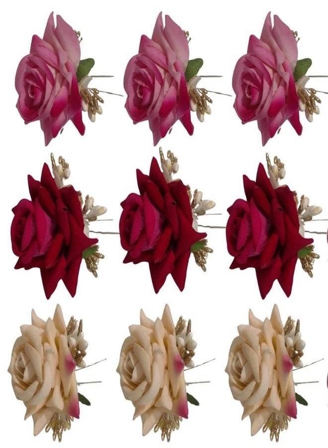 NOORINA Stylish Rose Artificial Flowers Bun Juda U Pins & Clips for Style & Decoration Bridal Brooch & Braid for Hairstyle of Bride, Wedding & Party For Women & Girls (Pack Of - 12) - Image 2