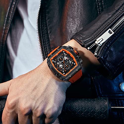 MF MINI FOCUS Men's Watch Fashion Tonneau Wrist Watches (Chronograph/Waterproof/Luminous/Calendar) Silicon Strap Quartz Watches for Men (Orange & Black) - Image 3