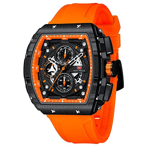 MF MINI FOCUS Men's Watch Fashion Tonneau Wrist Watches (Chronograph/Waterproof/Luminous/Calendar) Silicon Strap Quartz Watches for Men (Orange & Black) - Image 1