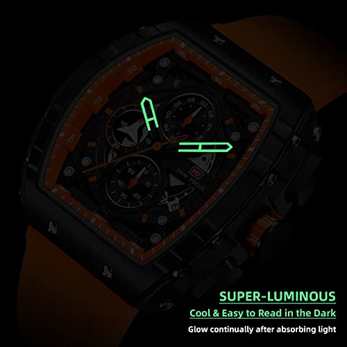 MF MINI FOCUS Men's Watch Fashion Tonneau Wrist Watches (Chronograph/Waterproof/Luminous/Calendar) Silicon Strap Quartz Watches for Men (Orange & Black) - Image 4