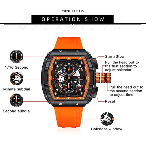 MF MINI FOCUS Men's Watch Fashion Tonneau Wrist Watches (Chronograph/Waterproof/Luminous/Calendar) Silicon Strap Quartz Watches for Men (Orange & Black) - Image 5
