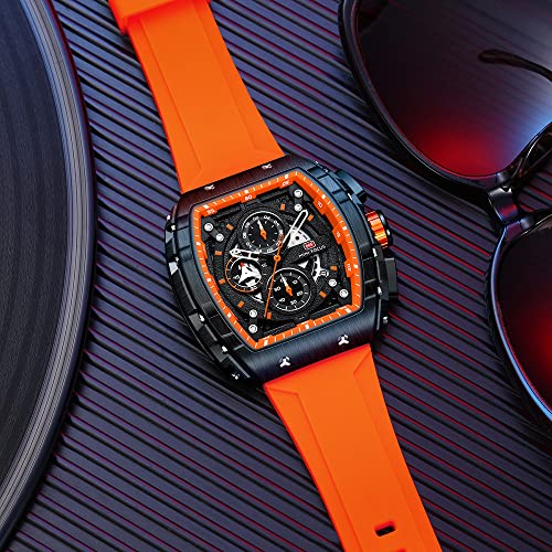 MF MINI FOCUS Men's Watch Fashion Tonneau Wrist Watches (Chronograph/Waterproof/Luminous/Calendar) Silicon Strap Quartz Watches for Men (Orange & Black) - Image 2