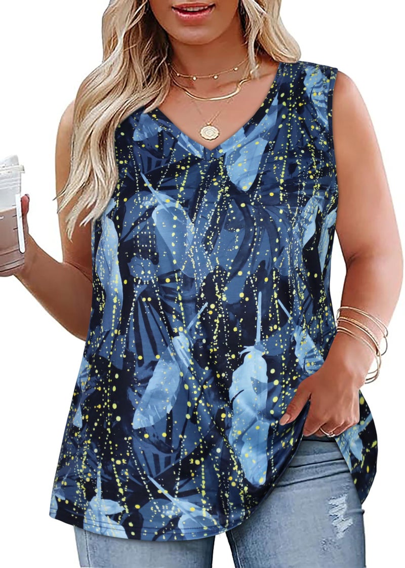 JOELLYUS Plus Size Tanks Women Basic T Shirts V Neck Tees Oversized Shirt Casual Flowy Blouses(Blue Starlight,3XL) - Image 1