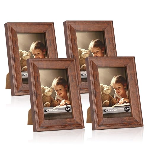 iRahmen 5x7 Picture Frame Set of 4, Brown Rustic Retro Photo Frame with Real Glass, 5 x 7 Frames for Wall Mount and Tabletop Display - Image 1