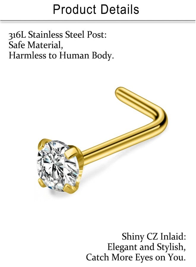 Cisyozi 18G Gold Nose Rings Studs Piercing Jewelry for Women 18 Gauge Surgical Stainless Steel L Shaped Bar Bend Curved Diamond Nose Ring Stud Piercing Jewelry Men CZ 1.5mm 2mm 2.5mm 3mm 3.5mm 4mm - Image 3