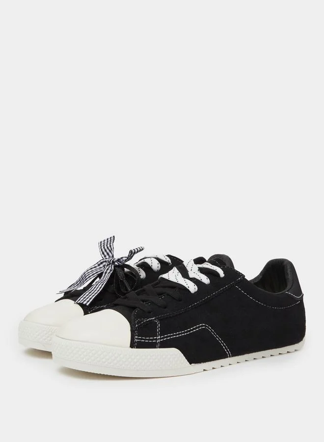 Styli Black Textile Lace-Up Sneakers with Bow Detail