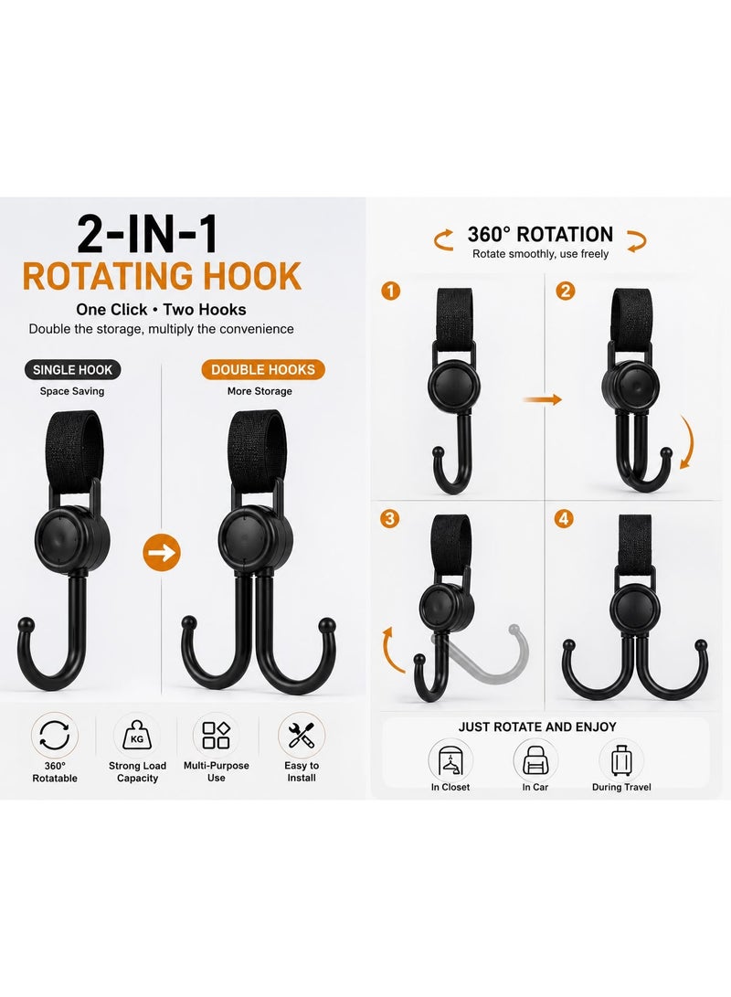 2-in-1 360° Rotating Double Hook for Stroller, Car & Bicycle | Heavy-Duty Multipurpose Hanging Hook | Black Organizer for Bags, Groceries, Diaper Bags & Accessories 2pcs - Image 3