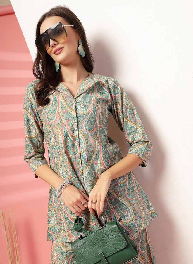 Indibelle Sea Green Printed V-Neck Pure Cotton Shirt with Palazzo Set - Image 5