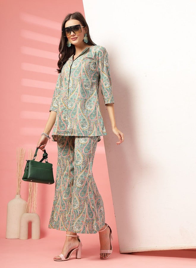 Indibelle Sea Green Printed V-Neck Pure Cotton Shirt with Palazzo Set - Image 1