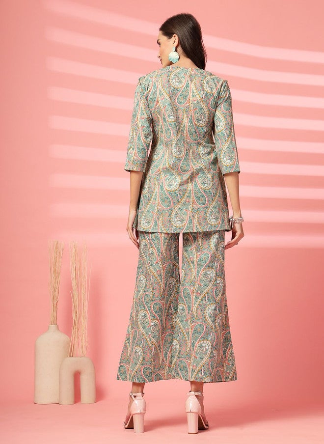 Indibelle Sea Green Printed V-Neck Pure Cotton Shirt with Palazzo Set - Image 4