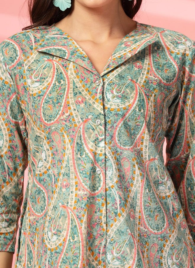 Indibelle Sea Green Printed V-Neck Pure Cotton Shirt with Palazzo Set - Image 3