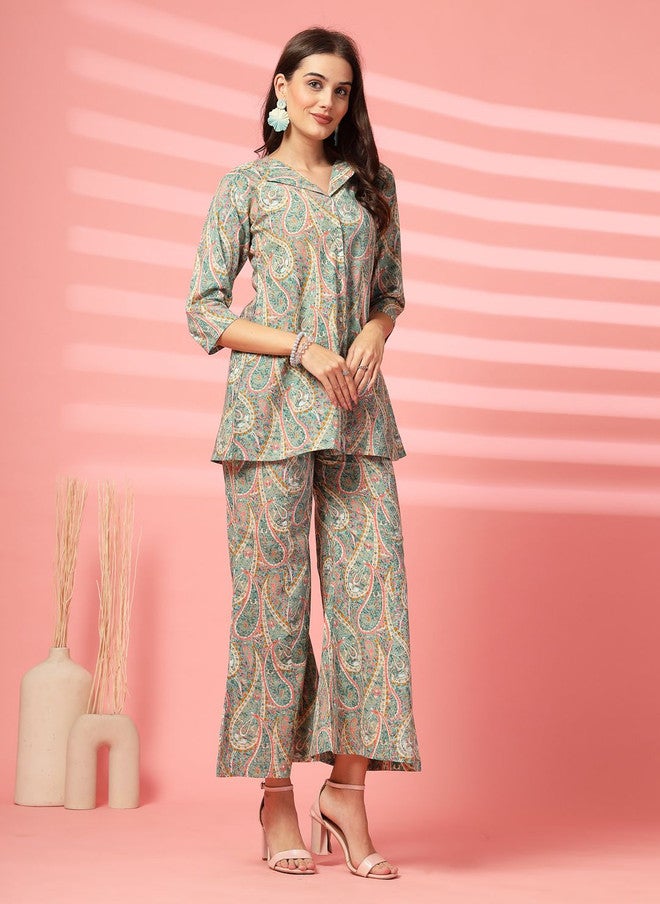 Indibelle Sea Green Printed V-Neck Pure Cotton Shirt with Palazzo Set - Image 2