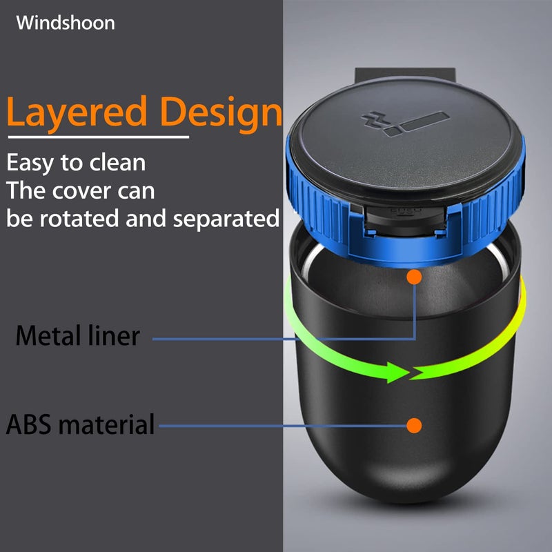 Windshoon Smokeless Car Ashtray with Lid - Stainless Steel Inner Container Windproof Ashtray, Portable LED Blue Light Auto Accessories for Travel, Detachable Mini Trash Can (Blue 1-Pack) - Image 4