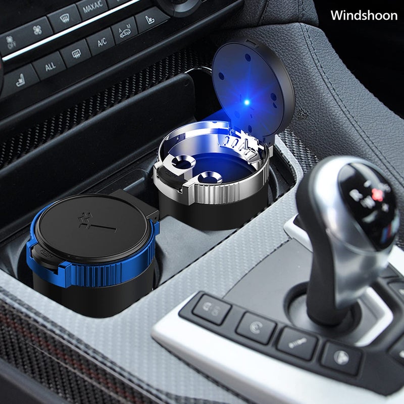 Windshoon Smokeless Car Ashtray with Lid - Stainless Steel Inner Container Windproof Ashtray, Portable LED Blue Light Auto Accessories for Travel, Detachable Mini Trash Can (Blue 1-Pack) - Image 2