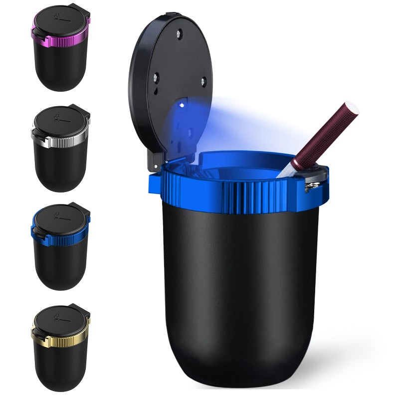 Windshoon Smokeless Car Ashtray with Lid - Stainless Steel Inner Container Windproof Ashtray, Portable LED Blue Light Auto Accessories for Travel, Detachable Mini Trash Can (Blue 1-Pack) - Image 1