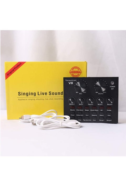 V8 Multifunctional Live Sound Card with Bluetooth and USB Audio Interface Intelligent Volume Adjustable Audio Mixer Sound Card for Recording Hosting Speech