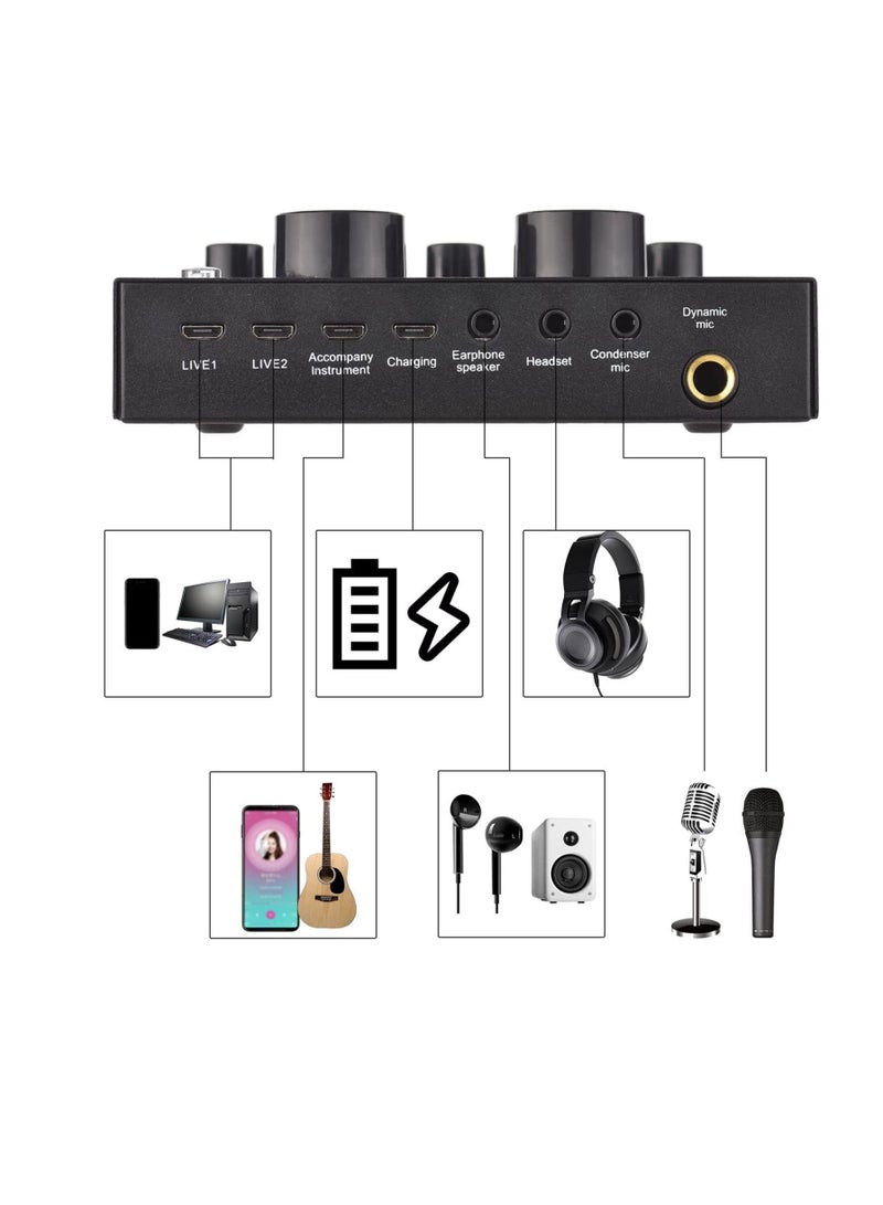 LEDIN V8 Multifunctional Live Sound Card with Bluetooth and USB Audio Interface Intelligent Volume Adjustable Audio Mixer Sound Card for Recording Hosting Speech  - Image 3