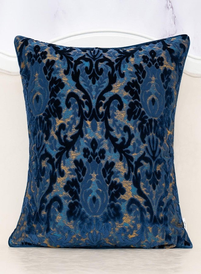 Alerfa Boho Blue Floral Throw Pillow Cover 18x18 Inch Cut Velvet Sqaure Luxury Embroidered Decorative Pillow Cover for Couch Living Room Bedroom - Image 1